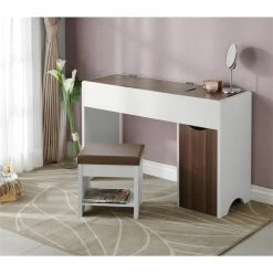 Outlet 🎉 Furniture Of America Caron Wood Flip-Top Vanity Table Set In White And Walnut 😍 -Living Room Sales Shop 1849660 6 L
