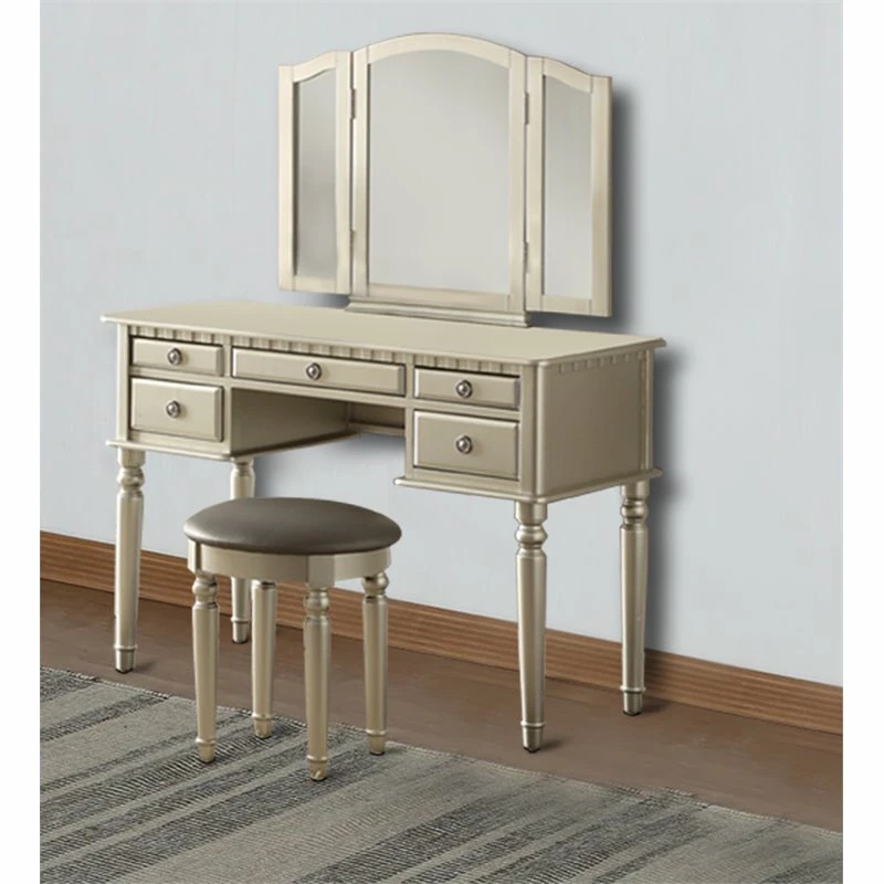 Hot Sale β Benjara 43" Modern Wood Vanity Set Featuring Stool And Mirror In Silver π 4 Hot Sale β Benjara 43" Modern Wood Vanity Set Featuring Stool And Mirror In Silver π - Image 2