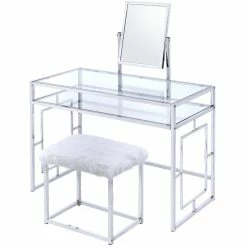 New π€© Benjara 19.75" Transitional Metal Vanity Set With Faux Fur Stool In White π