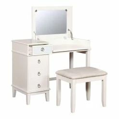 Discount ⌛ Benjara 38" Solid Wood Vanity Set With Flip Top Mirror And Stool In White 🧨