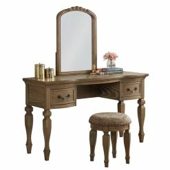 Flash Sale 🔥 Poundex Wood Vanity Set With Stool And Mirror In Antique Oak 🎁