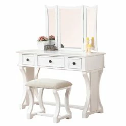 Buy ✔️ Poundex Furniture Wood Vanity Set With Stool And Mirror In White ❤️