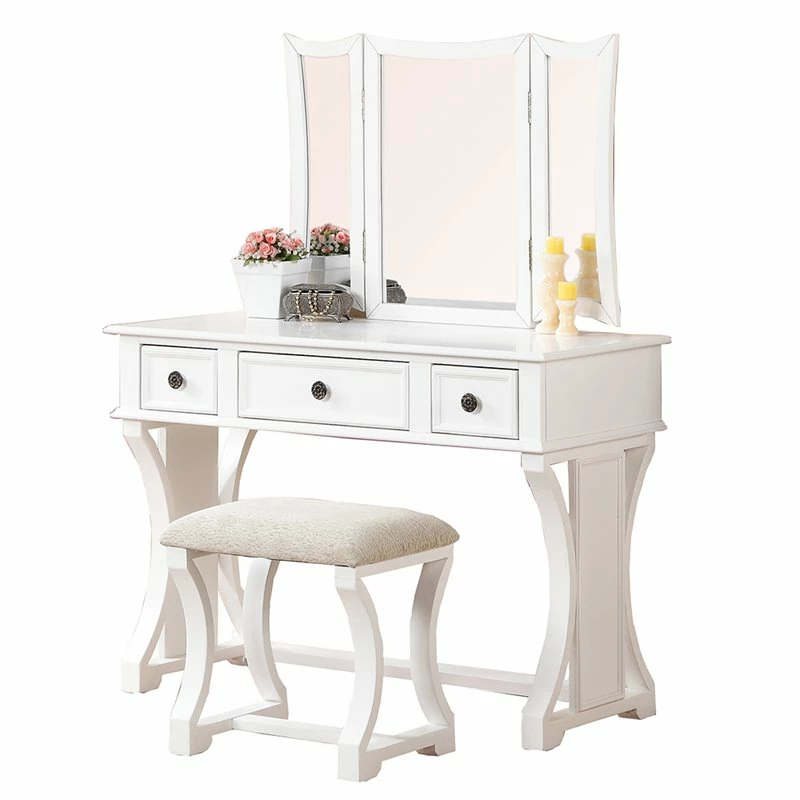 Buy ✔️ Poundex Furniture Wood Vanity Set With Stool And Mirror In White ❤️ 3 Buy ✔️ Poundex Furniture Wood Vanity Set With Stool And Mirror In White ❤️
