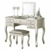 Best Sale 👍 Poundex Furniture Wood Vanity Set With Stool And Mirror In Silver 🌟