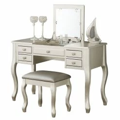 Best Sale 👍 Poundex Furniture Wood Vanity Set With Stool And Mirror In Silver 🌟