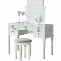 Best deal 🛒 Poundex Furniture Wood Vanity Set With Stool And Mirror In White 🤩