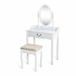 Best reviews of โค๏ธ Costway Paulownia Vanity Table Set With Makeup Desk And Chair In White โ