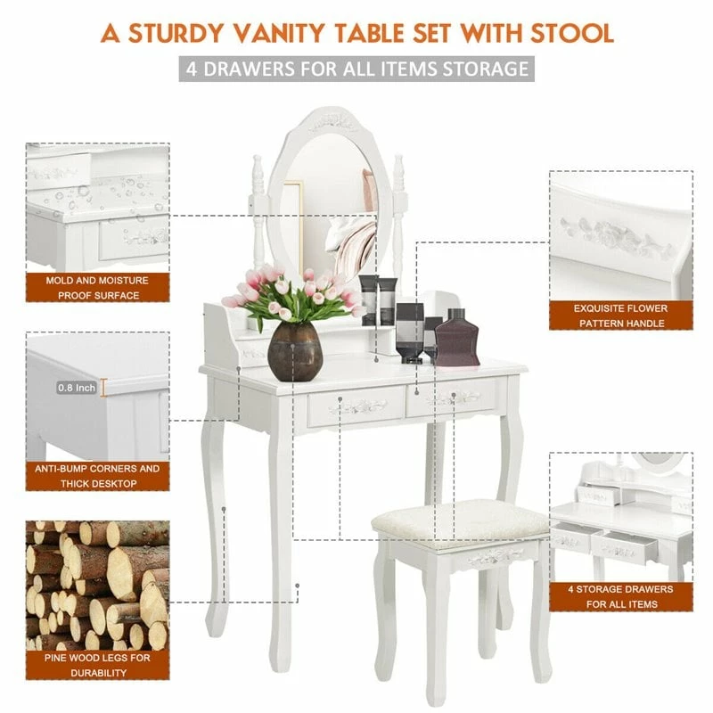 Best Pirce ๐งจ Costway Contemporary Pine Wood Vanity Table Set With 2 Big Drawers In White ๐ 7 Best Pirce ๐งจ Costway Contemporary Pine Wood Vanity Table Set With 2 Big Drawers In White ๐ - Image 5