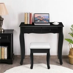 New 😉 Costway Contemporary MDF Makeup Desk Vanity Set With 4 Drawers In Black 🔥 -Living Room Sales Shop 2301394 5 L