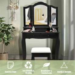 New 😉 Costway Contemporary MDF Makeup Desk Vanity Set With 4 Drawers In Black 🔥 -Living Room Sales Shop 2301394 8 L