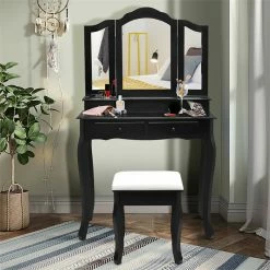 Discount 😍 Costway Contemporary MDF Makeup Desk Vanity Set With 4 Drawers & Mirror In Black 😍 -Living Room Sales Shop 2301397 1 L
