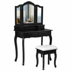 Discount 😍 Costway Contemporary MDF Makeup Desk Vanity Set With 4 Drawers & Mirror In Black 😍 -Living Room Sales Shop 2301397 3 L