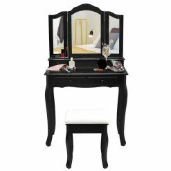 Discount 😍 Costway Contemporary MDF Makeup Desk Vanity Set With 4 Drawers & Mirror In Black 😍 -Living Room Sales Shop 2301397 4 L