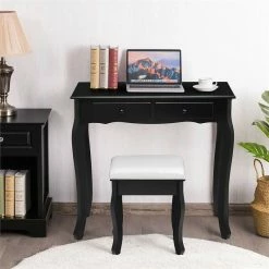 Discount 😍 Costway Contemporary MDF Makeup Desk Vanity Set With 4 Drawers & Mirror In Black 😍 -Living Room Sales Shop 2301397 5 L