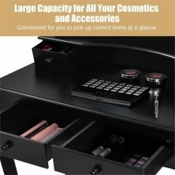 Discount 😍 Costway Contemporary MDF Makeup Desk Vanity Set With 4 Drawers & Mirror In Black 😍 -Living Room Sales Shop 2301397 6 L