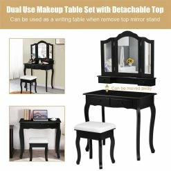 Discount 😍 Costway Contemporary MDF Makeup Desk Vanity Set With 4 Drawers & Mirror In Black 😍 -Living Room Sales Shop 2301397 7 L