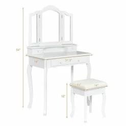 Promo 🔥 Costway Contemporary MDF Makeup Desk Vanity Set With 4 Drawers In White 🔥 -Living Room Sales Shop 2301409 11 L