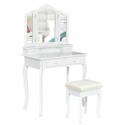 Promo 🔥 Costway Contemporary MDF Makeup Desk Vanity Set With 4 Drawers In White 🔥 -Living Room Sales Shop 2301409 3 L