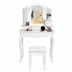 Promo 🔥 Costway Contemporary MDF Makeup Desk Vanity Set With 4 Drawers In White 🔥 -Living Room Sales Shop 2301409 4 L