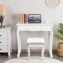 Promo 🔥 Costway Contemporary MDF Makeup Desk Vanity Set With 4 Drawers In White 🔥 -Living Room Sales Shop 2301409 5 L