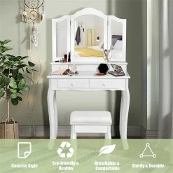 Promo 🔥 Costway Contemporary MDF Makeup Desk Vanity Set With 4 Drawers In White 🔥 -Living Room Sales Shop 2301409 8 L