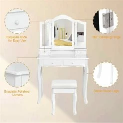Promo 🔥 Costway Contemporary MDF Makeup Desk Vanity Set With 4 Drawers In White 🔥 -Living Room Sales Shop 2301409 9 L