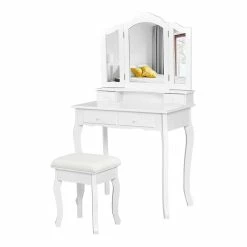 Promo 🔥 Costway Contemporary MDF Makeup Desk Vanity Set With 4 Drawers In White 🔥