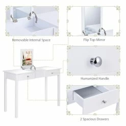 Outlet 🔥 Costway MDF And Wood 👗 Dressing Table Set With Flip-top Mirror In White ⭐ -Living Room Sales Shop 2301464 10 L