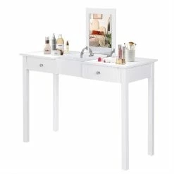 Outlet 🔥 Costway MDF And Wood 👗 Dressing Table Set With Flip-top Mirror In White ⭐ -Living Room Sales Shop 2301464 3 L