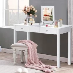 Outlet 🔥 Costway MDF And Wood 👗 Dressing Table Set With Flip-top Mirror In White ⭐ -Living Room Sales Shop 2301464 5 L