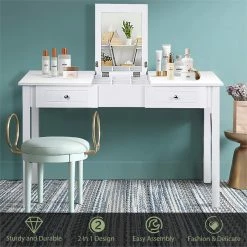 Outlet 🔥 Costway MDF And Wood 👗 Dressing Table Set With Flip-top Mirror In White ⭐ -Living Room Sales Shop 2301464 9 L