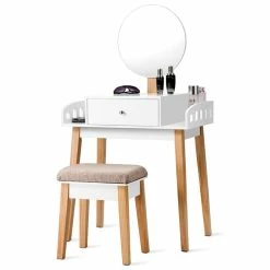 Budget ๐ Costway MDF Vanity Makeup ๐ Dressing Set With Round Mirror In White/Natural ๐ฏ 17 Budget ๐ Costway MDF Vanity Makeup ๐ Dressing Set With Round Mirror In White/Natural ๐ฏ -Living Room Sales Shop 2314072 3 L