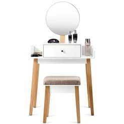 Budget ๐ Costway MDF Vanity Makeup ๐ Dressing Set With Round Mirror In White/Natural ๐ฏ 18 Budget ๐ Costway MDF Vanity Makeup ๐ Dressing Set With Round Mirror In White/Natural ๐ฏ -Living Room Sales Shop 2314072 4 L