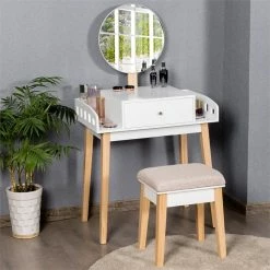 Budget ๐ Costway MDF Vanity Makeup ๐ Dressing Set With Round Mirror In White/Natural ๐ฏ 19 Budget ๐ Costway MDF Vanity Makeup ๐ Dressing Set With Round Mirror In White/Natural ๐ฏ -Living Room Sales Shop 2314072 5 L