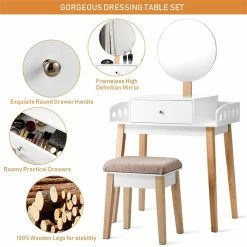 Budget ๐ Costway MDF Vanity Makeup ๐ Dressing Set With Round Mirror In White/Natural ๐ฏ 21 Budget ๐ Costway MDF Vanity Makeup ๐ Dressing Set With Round Mirror In White/Natural ๐ฏ -Living Room Sales Shop 2314072 7 L