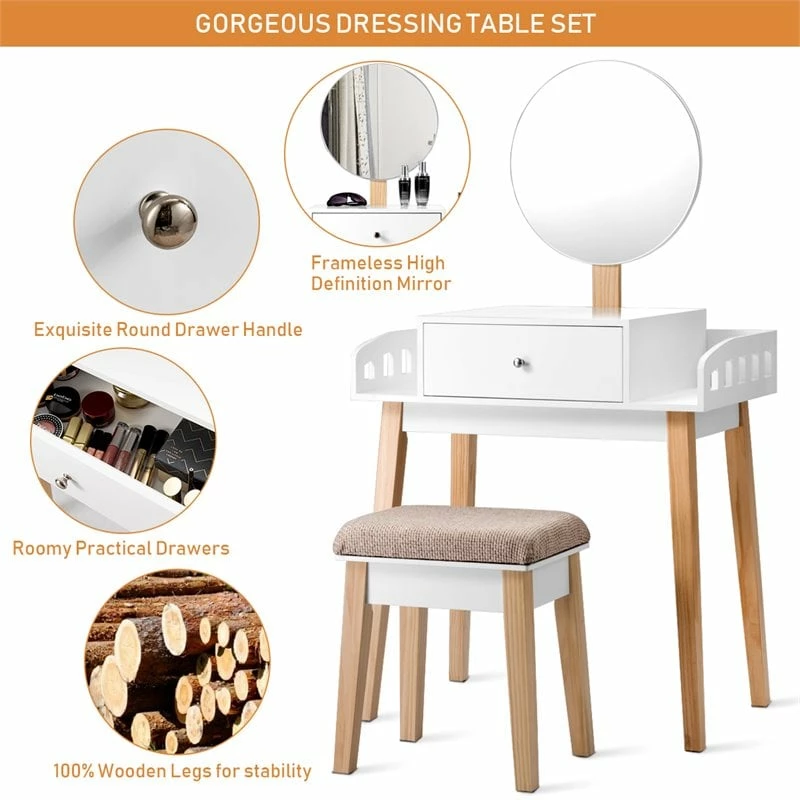 Budget ๐ Costway MDF Vanity Makeup ๐ Dressing Set With Round Mirror In White/Natural ๐ฏ 11 Budget ๐ Costway MDF Vanity Makeup ๐ Dressing Set With Round Mirror In White/Natural ๐ฏ - Image 9