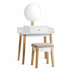 Budget ๐ Costway MDF Vanity Makeup ๐ Dressing Set With Round Mirror In White/Natural ๐ฏ