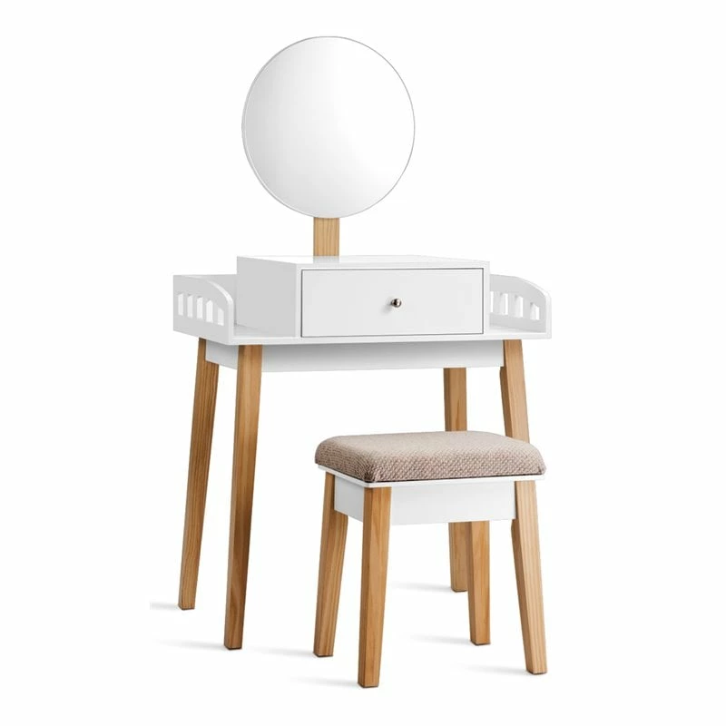 Budget ๐ Costway MDF Vanity Makeup ๐ Dressing Set With Round Mirror In White/Natural ๐ฏ 3 Budget ๐ Costway MDF Vanity Makeup ๐ Dressing Set With Round Mirror In White/Natural ๐ฏ