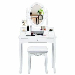 Best deal 💯 Costway Contemporary MDF Vanity 👗 Dressing Table Set With 2 Side Drawers In White 🌟 -Living Room Sales Shop 2314086 3 L