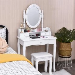 Best deal 💯 Costway Contemporary MDF Vanity 👗 Dressing Table Set With 2 Side Drawers In White 🌟 -Living Room Sales Shop 2314086 5 L