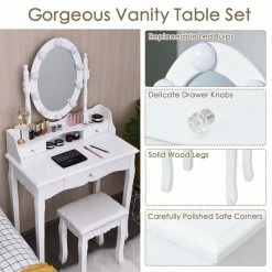 Best deal 💯 Costway Contemporary MDF Vanity 👗 Dressing Table Set With 2 Side Drawers In White 🌟 -Living Room Sales Shop 2314086 7 L