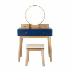 Top 10 🎁 Costway MDF Vanity Makeup 👗 Dressing Set With Round LED Mirror In Navy Blue 😉