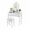 Best Sale 🛒 Costway MDF Vanity Makeup 👗 Dressing Table Set With Jewelry Storage Stool In White 💯
