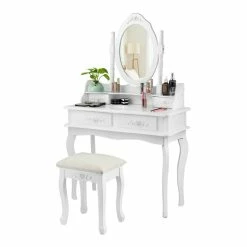 Best Sale 🛒 Costway MDF Vanity Makeup 👗 Dressing Table Set With Jewelry Storage Stool In White 💯