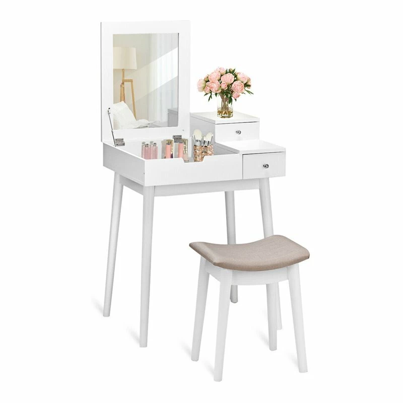 New ๐ Costway Contemporary MDF And Wood Vanity ๐ Dressing Table Set With Stool In White โ 3 New ๐ Costway Contemporary MDF And Wood Vanity ๐ Dressing Table Set With Stool In White โ