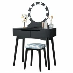 Budget 🛒 Costway MDF Vanity Makeup 👗 Dressing Set With 8 Dimmable Bulbs Mirror In Black ✔️ 19 Budget 🛒 Costway MDF Vanity Makeup 👗 Dressing Set With 8 Dimmable Bulbs Mirror In Black ✔️ -Living Room Sales Shop 2314280 3 L