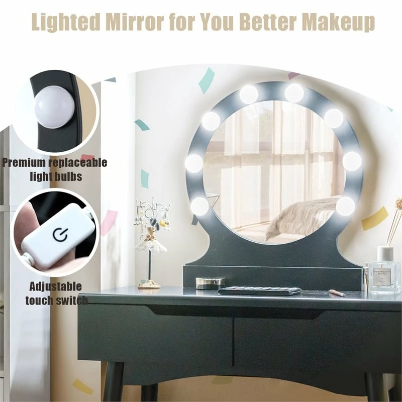 Budget 🛒 Costway MDF Vanity Makeup 👗 Dressing Set With 8 Dimmable Bulbs Mirror In Black ✔️ 14 Budget 🛒 Costway MDF Vanity Makeup 👗 Dressing Set With 8 Dimmable Bulbs Mirror In Black ✔️ - Image 12