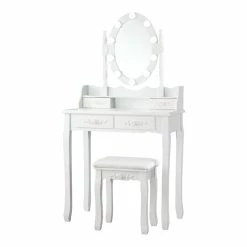 Promo 👍 Costway Contemporary P2 MDF Vanity 👗 Dressing Table Set With 4 Drawers In White 💯