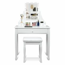 Outlet β Costway Contemporary MDF And Pine Vanity Table Set With 3 Drawers In White π 21 Outlet β Costway Contemporary MDF And Pine Vanity Table Set With 3 Drawers In White π -Living Room Sales Shop 2314286 5 L