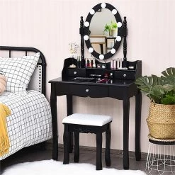 Hot Sale 🛒 Costway Contemporary MDF Vanity 👗 Dressing Table Set With 2 Side Drawers In Black 😍 -Living Room Sales Shop 2314288 1 L